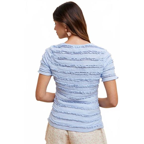 NEW ANNIEWEAR ruffle trim textured knit short sleeve top in sky blue - Picture 3 of 3